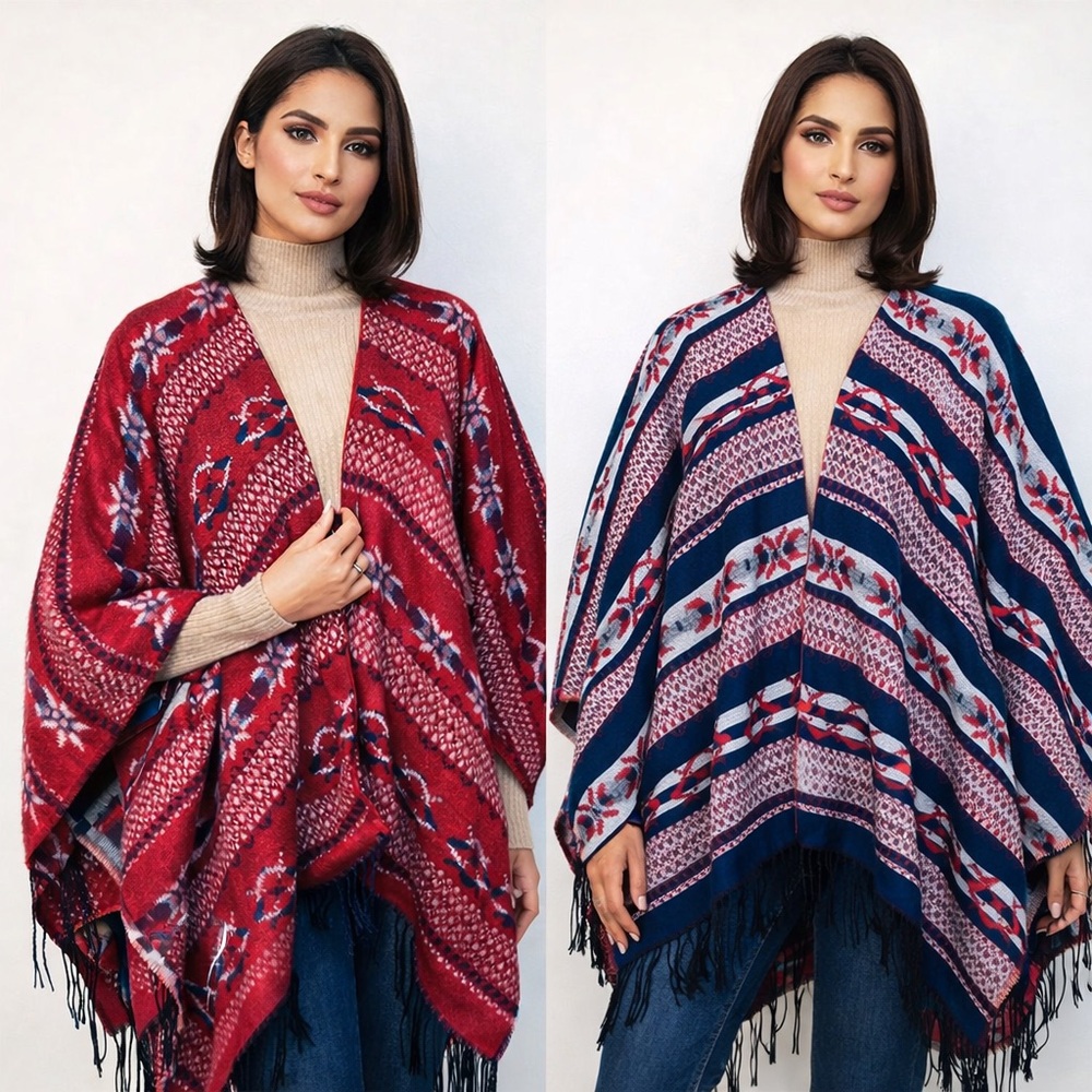 Reversible Lebanese Cape Poncho Boho Fringe Wrap Shawl Red Blue Cozy one size - Picture 2 of 10